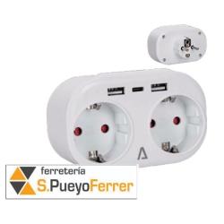 CLAVIJA DOBLE 2 TOMAS + 2 USB A + 1 USB C